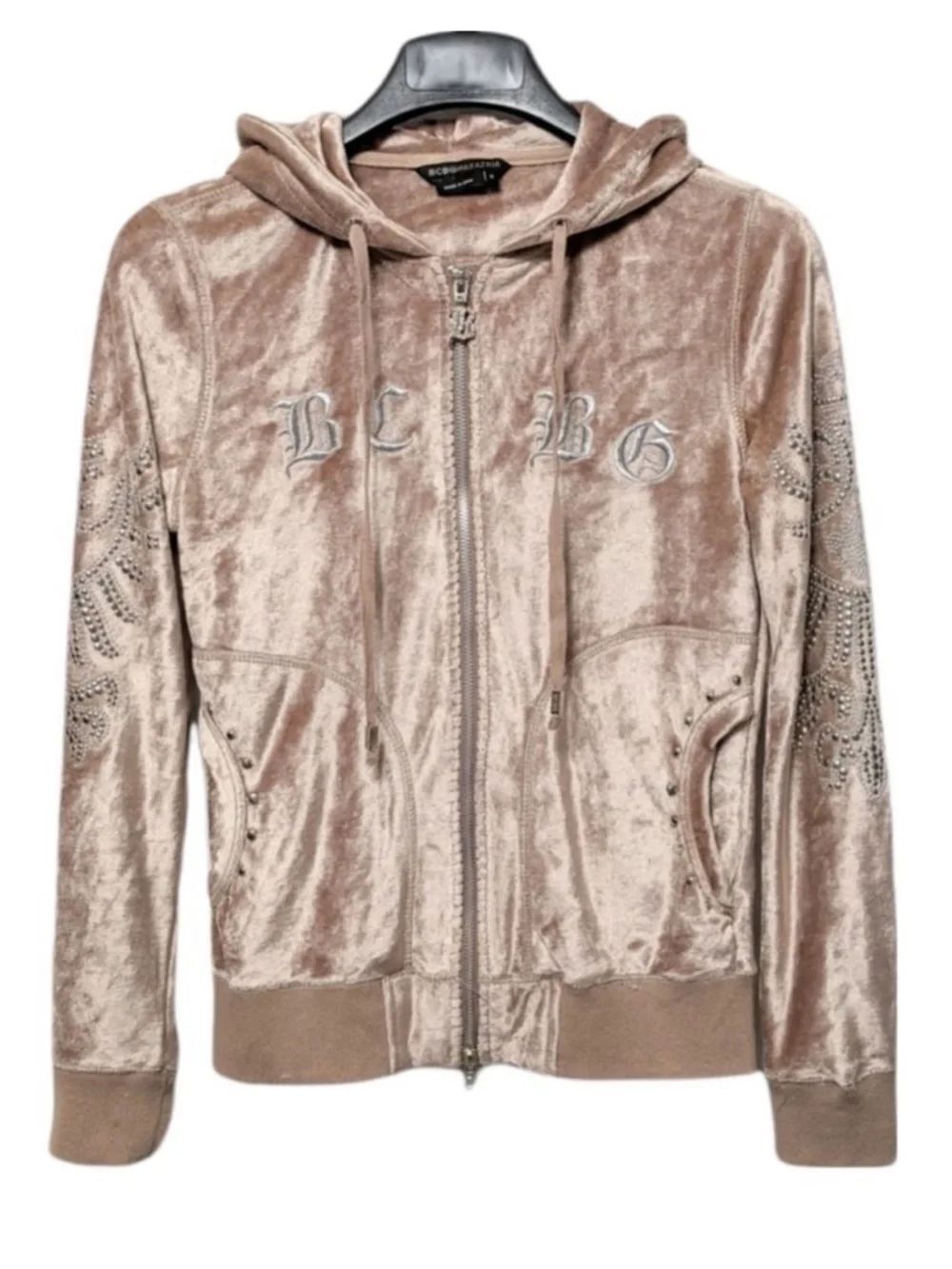 BCBGMAXAZRIA Pink Velvet Logo Studded Bling Zip Hoodie S